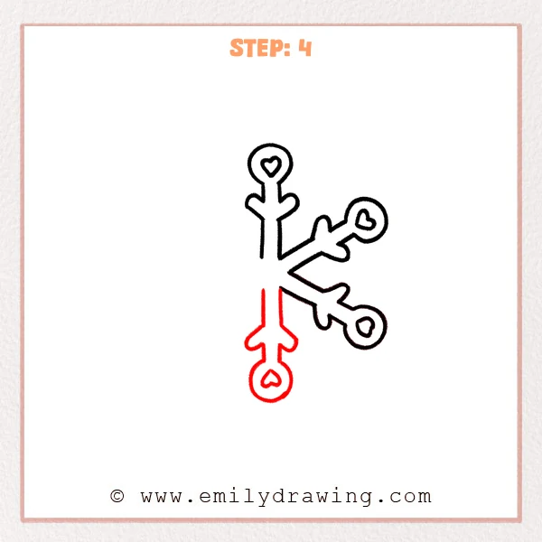how to draw a cartoon snowflake - A cartoon snowflake with a new straight bottom arm, ending in a circle with a heart and two rounded side branches.